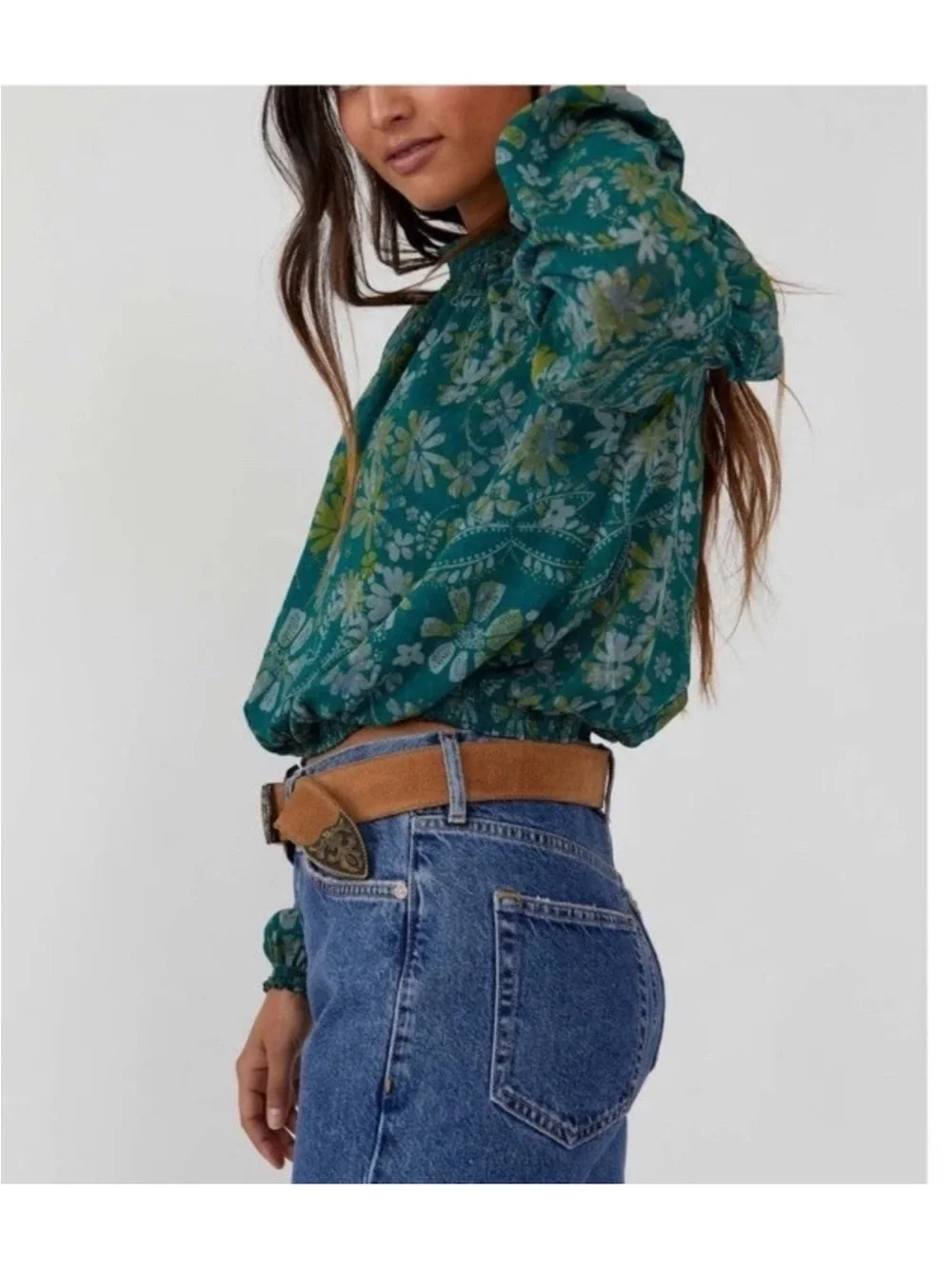 Free People Clarissa Green Sea Floral Puff-Sleeve Blouse
